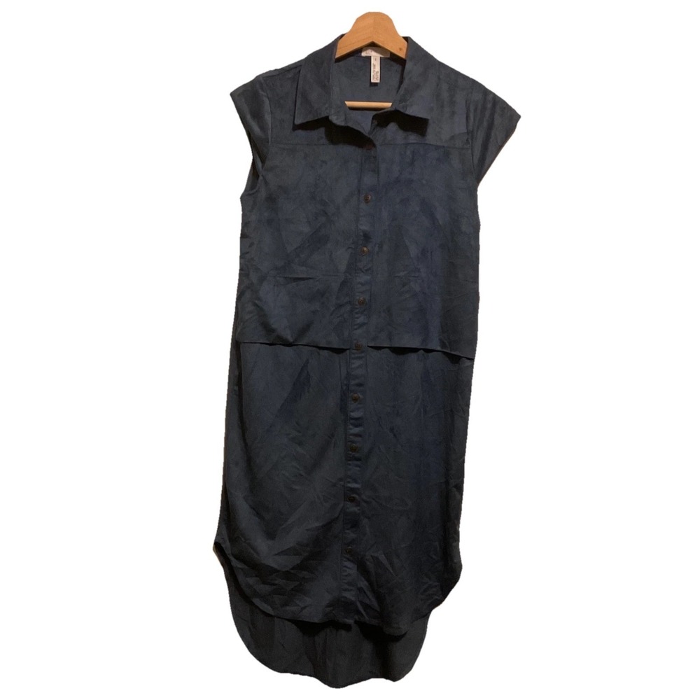 Leith Tunic Button Down Shirt Dress Blue Lagenlook Cap Sleeve Collar Relaxed NWT